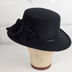 Black Vintage felt boater hat with floral accent as is